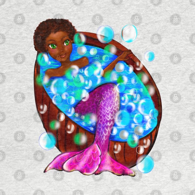 Mermaid spa day- Black anime mermaid in bubble bath. Pretty black girl with Afro hair, green eyes, Cherry pink lips and dark brown skin. Hair love ! by Artonmytee